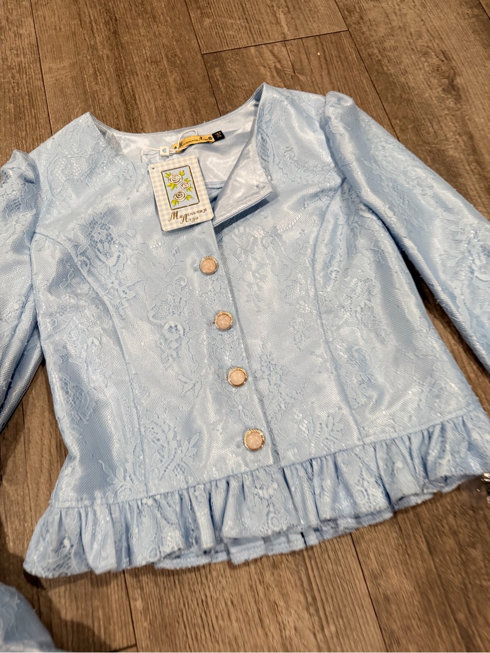 Light Blue Lace Ruffle Hem Button Jacket - Picture 5 of 12